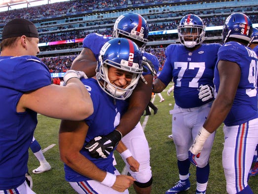 New York Giants kicker Aldrick Rosas celebrates with