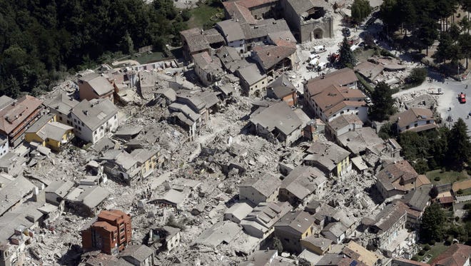 An aerial photo of damaged buildings in Amatrice, central Italy, after an earthquake, on Aug. 24.