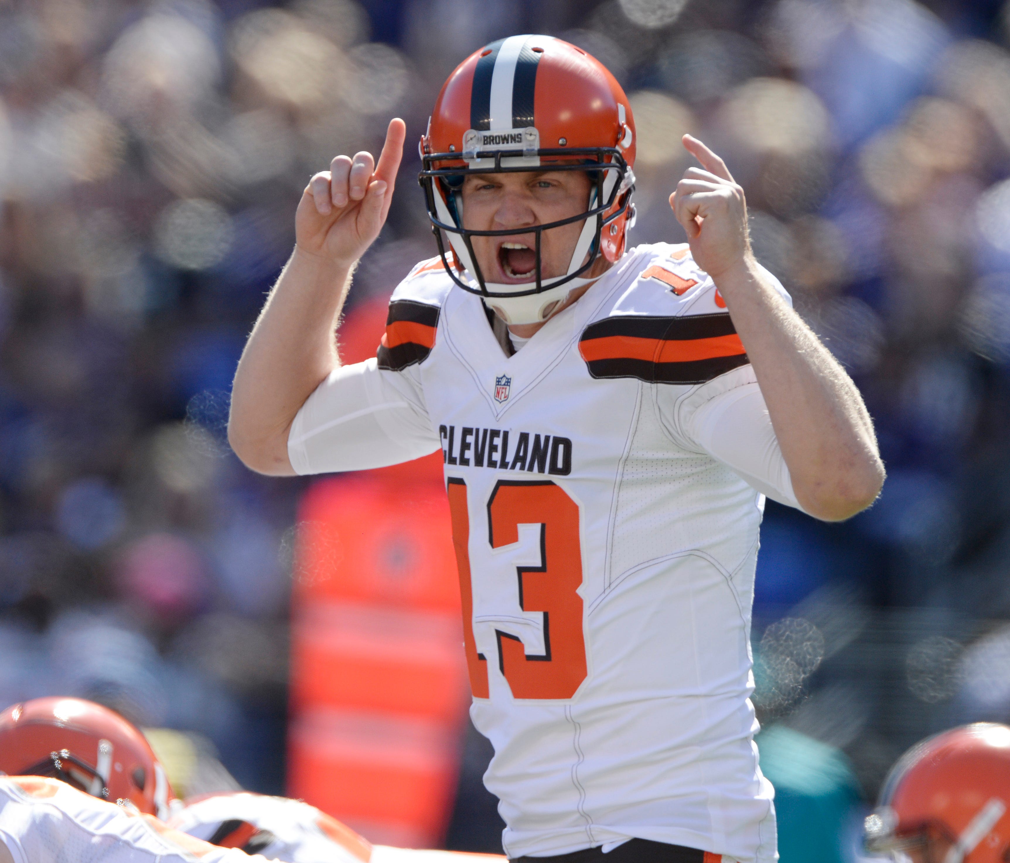 Cleveland Browns quarterback Josh McCown (13) calls out the play at the line during the second quarter against the Baltimore Ravens at M&T Bank Stadium.