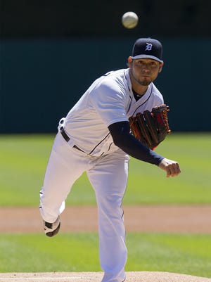 Anibal Sanchez #19 of the Detroit Tigers warms up before a MLB game against the Cleveland Indians at Comerica Park on April 23, 2016 in Detroit.