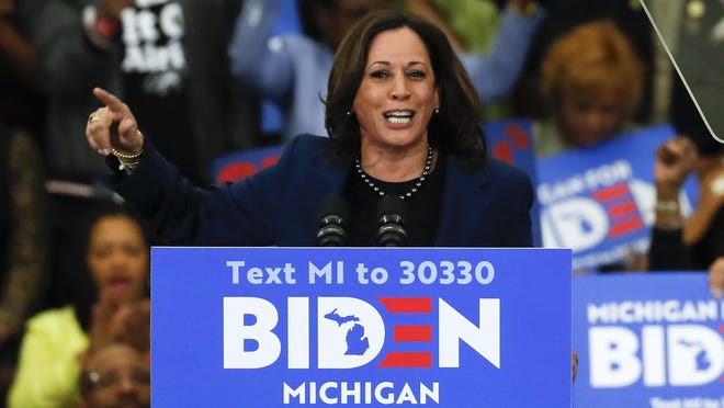 Sen. Kamala Harris, D-Calif., speaks at a campaign rally for Democratic presidential candidate former Vice President Joe Biden at Renaissance High School in Detroit, Monday, March 9, 2020.