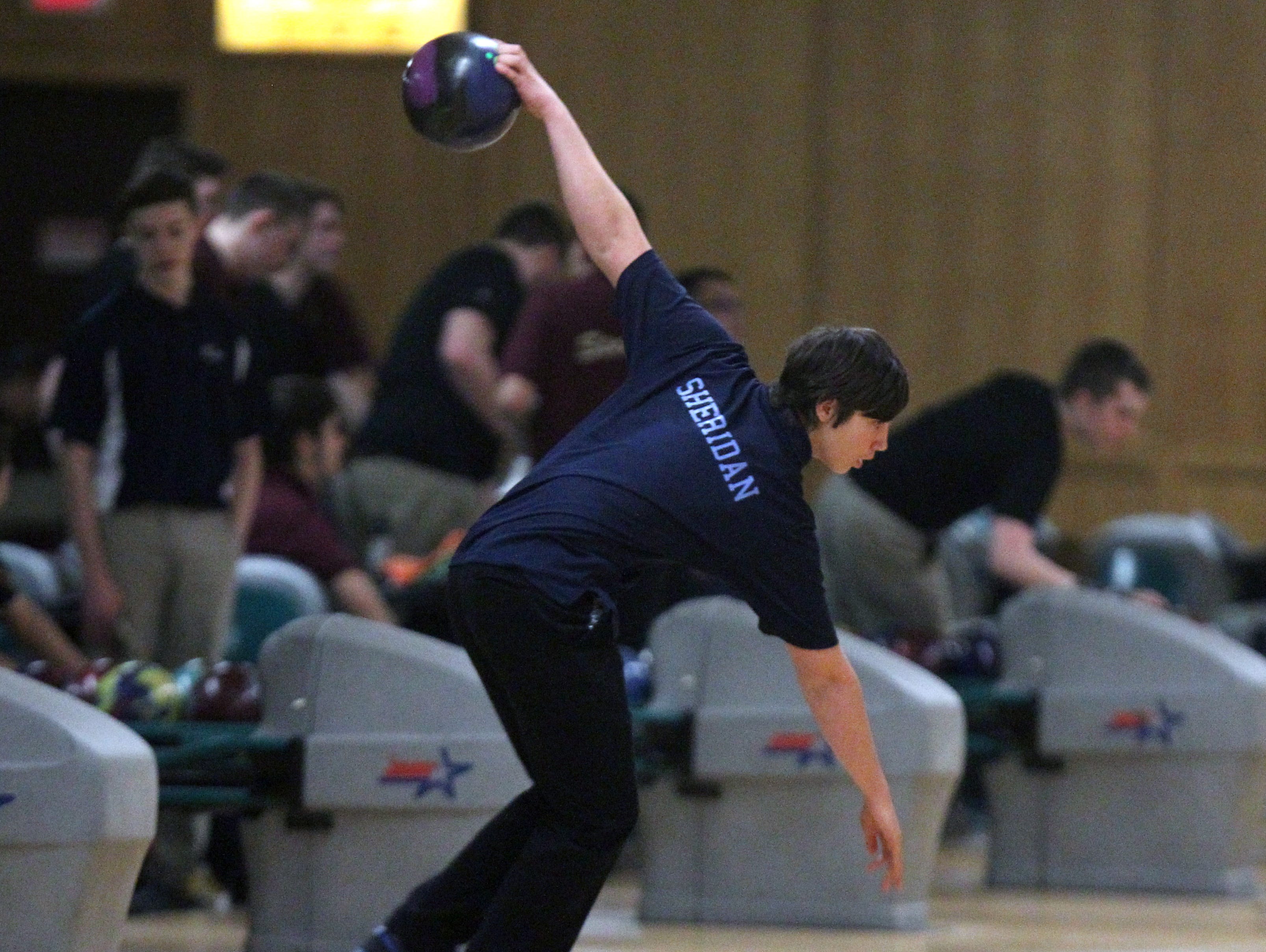 John Jay High School's Michael Sheridan bowls in the Section 1 tournament at Fishkill Bowl on Feb. 7.