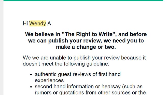 TripAdvisor declined to publish a tourist's review.