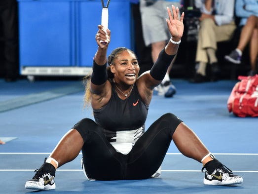Serena Williams exults on the court after the final