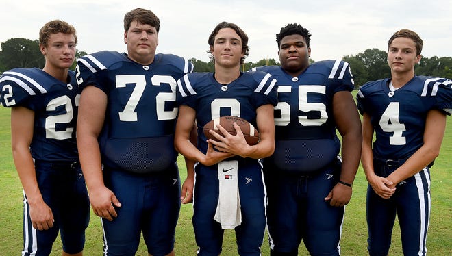 Westminster Christian offensive standouts running back Landon Trosclair (22), right tackle Lewis Champagne (72), quarterback Kaleb Prudhomme, left tackle Antoine White (55) and wide receiver Cole Fournet (4) are ready to make some noise in District 5-1A this season.