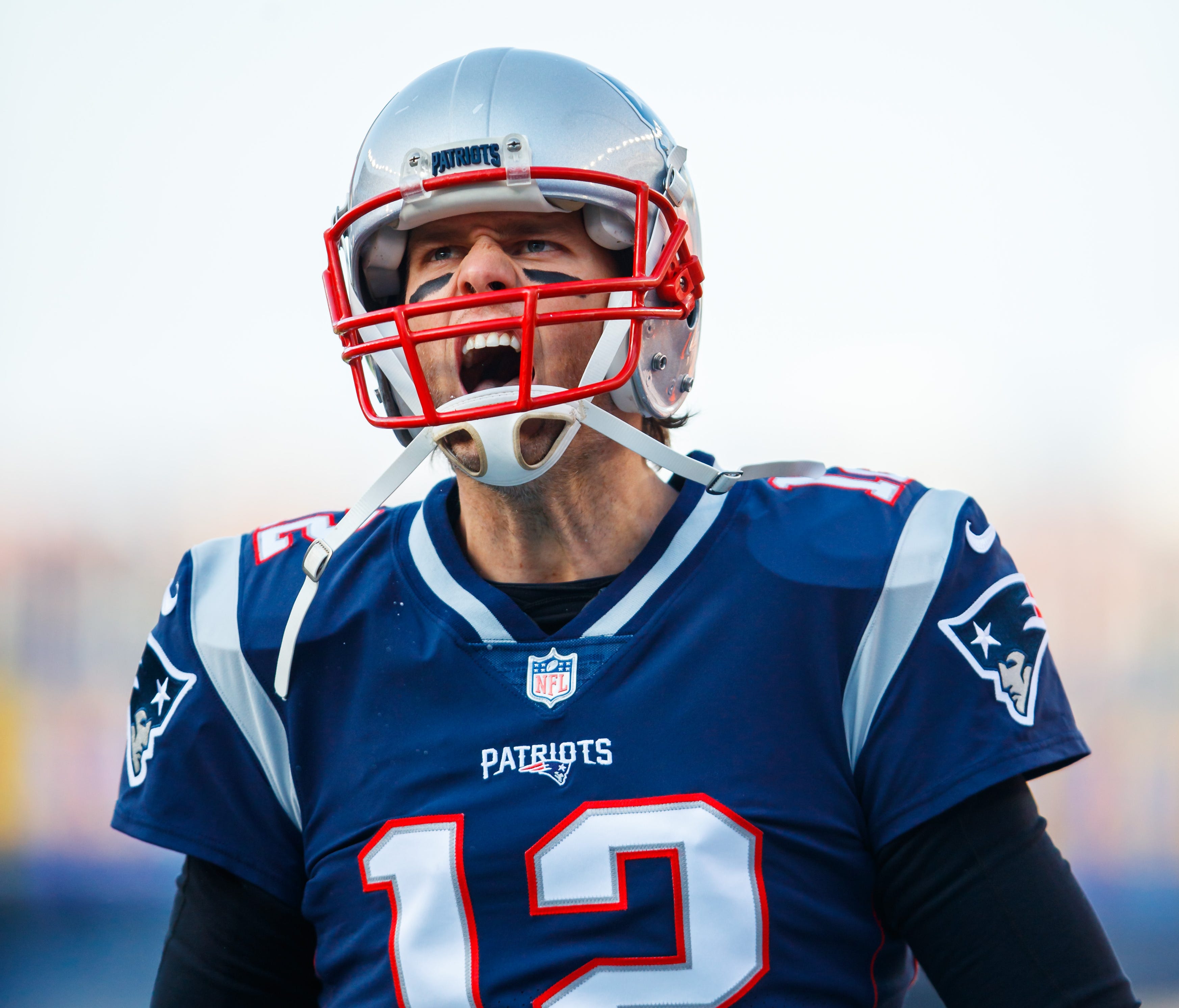 New England Patriots quarterback Tom Brady reacts with a yell prior to the game against the Jacksonville Jaguars during the AFC Championship at Gillette Stadium.