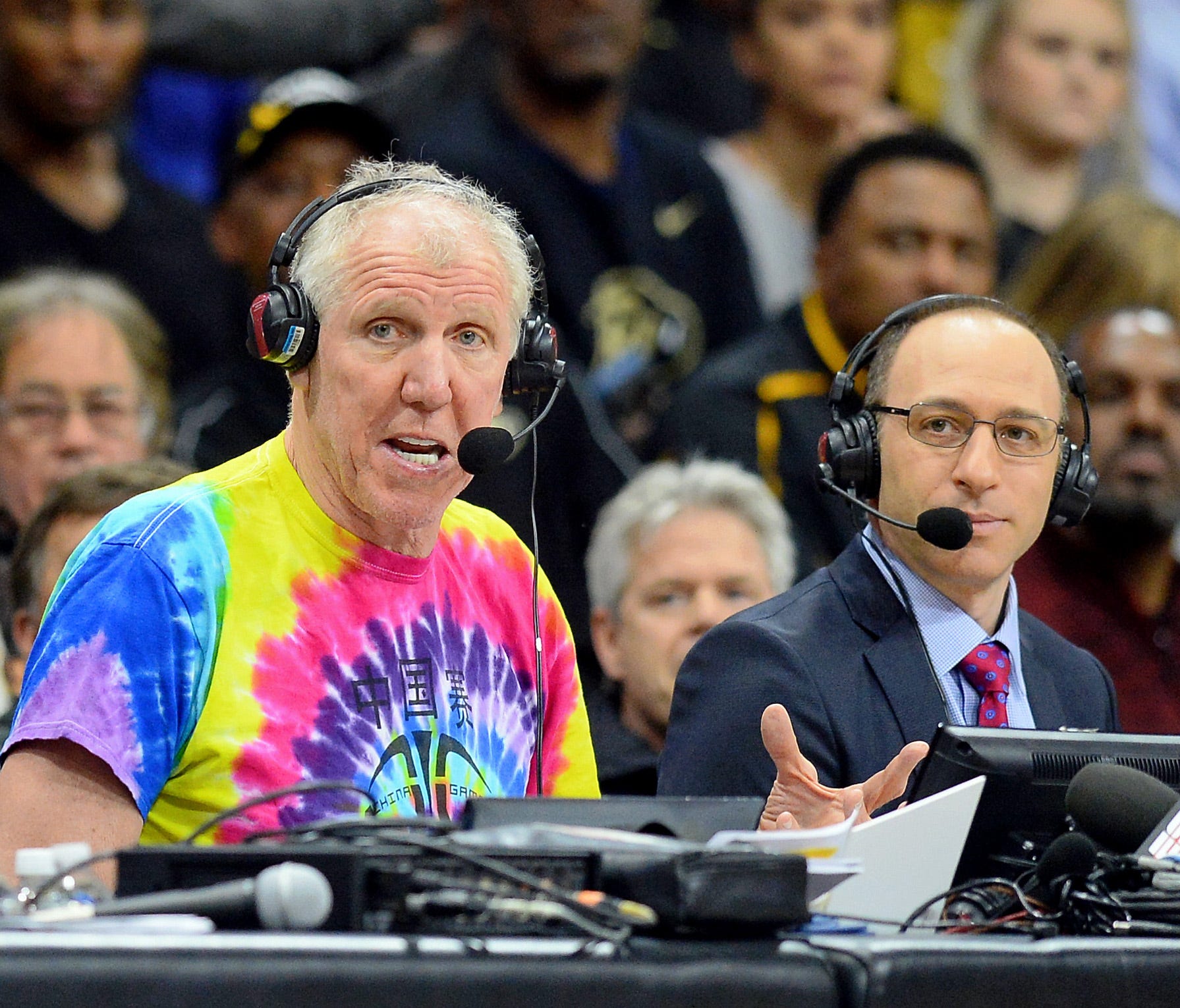 Mar 2, 2017; Boulder, CO, USA; American broadcaster Bill Walton speaks during the first half of the game between the Stanford Cardinal against the Colorado Buffaloes at the Coors Events Center. Mandatory Credit: Ron Chenoy-USA TODAY Sports ORG XMIT: 