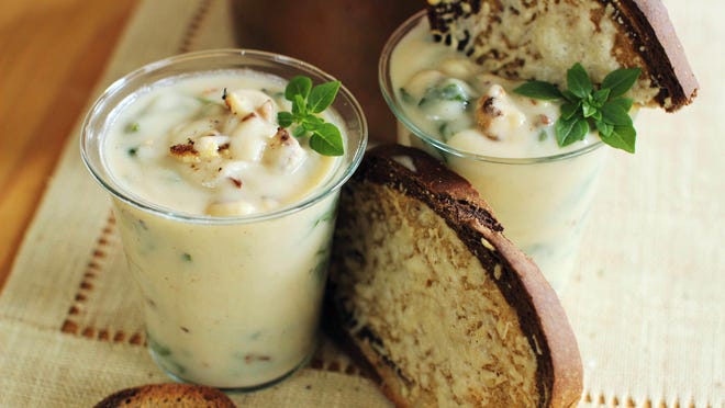 Roasted cauliflower and greens soup with cheese-covered rye toasts is from a recipe by Sara Moulton.