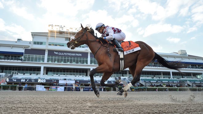 In this image provided by Gulfstream Park, Tiz the Law, riddren by Manuel Franco, wins the Florida Derby horse race at Gulfstream Park, Saturday, March 28, 2020, in Hallandale Beach, Fla. (Lauren King/Coglianese Photos, Gulfstream Park via AP)
