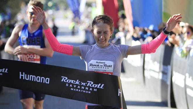Katie Ringley hits the tape to win the 2018 Savannah Rock 'n' Roll Marathon. Race organizers announced Tuesday that the 2020 race, set for Nov. 7-8, has been canceled due to COVID-19.