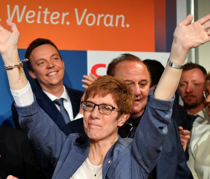 Christian Democratic Union candidate Annegret Kramp-Karrenbauer celebrates her party's win in Saarbrucken, south-western Germany,  March 26.