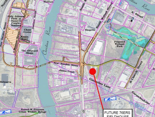 A map shows where the future 76ers Fieldhouse will