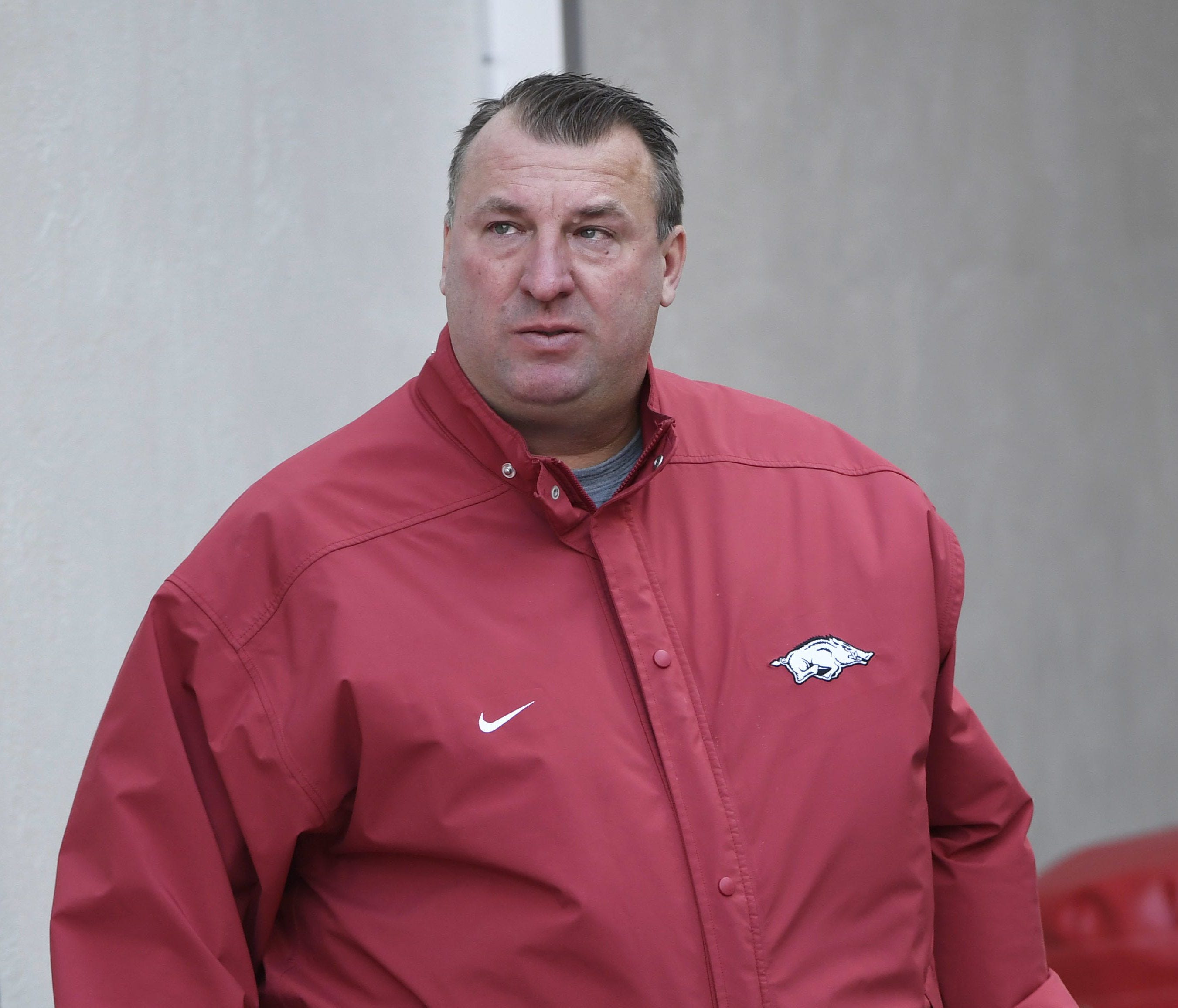 Arkansas coach Bret Bielema gets choked up as the senior players are introduced before the start of an NCAA college football game Friday, Nov. 24, 2017 in Fayetteville, Ark. Bielema was fired following the Razorbacks 48-45 loss to Missouri. (AP Photo