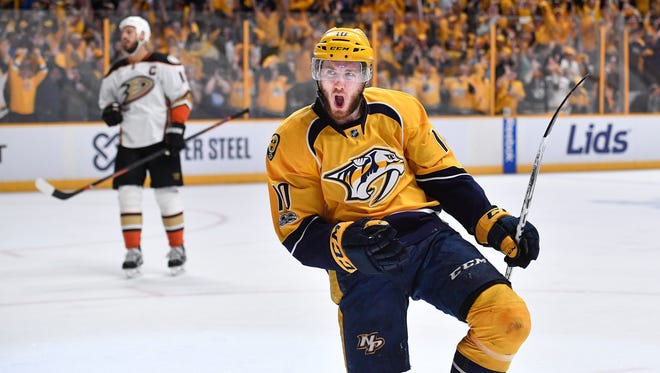 Predators center Colton Sissons (10) celebrates after scoring against the Anaheim Ducks during the first period of Game 6 of the Western Conference finals Monday, May 22, 2017.