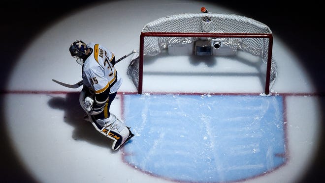 Predators goalie Pekka Rinne gets into position before Game 2 of the Stanley Cup Final against the Penguins on Wednesday, May 31, 2017.