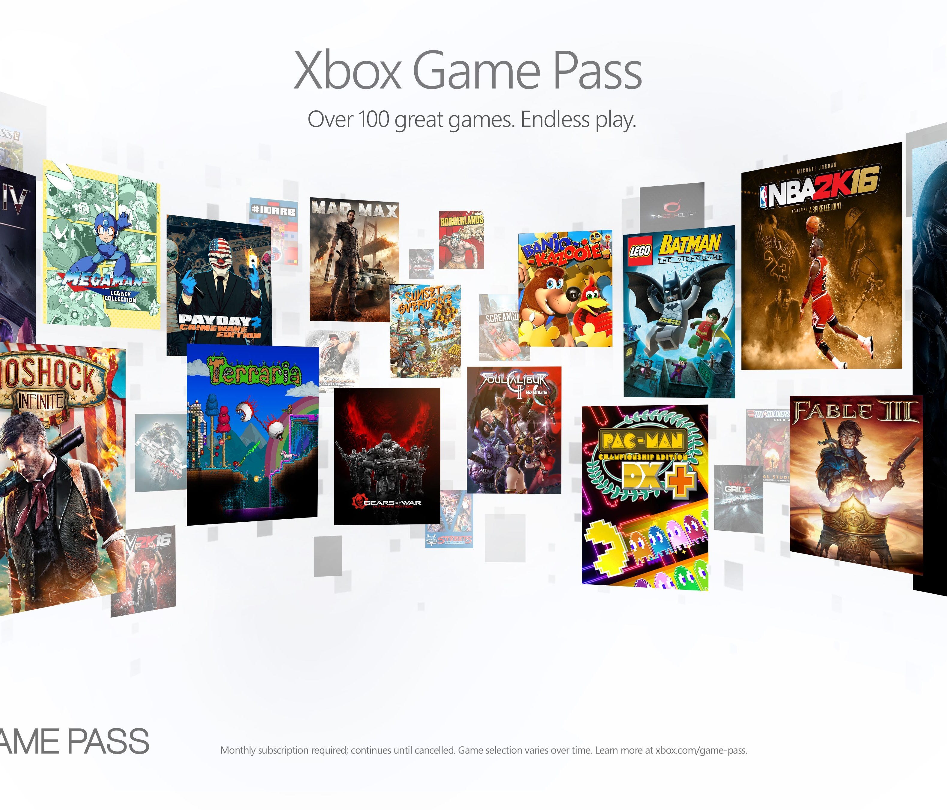 A promotional image for Xbox Game Pass, a monthly subscription service available to all Xbox One owners on June 1.
