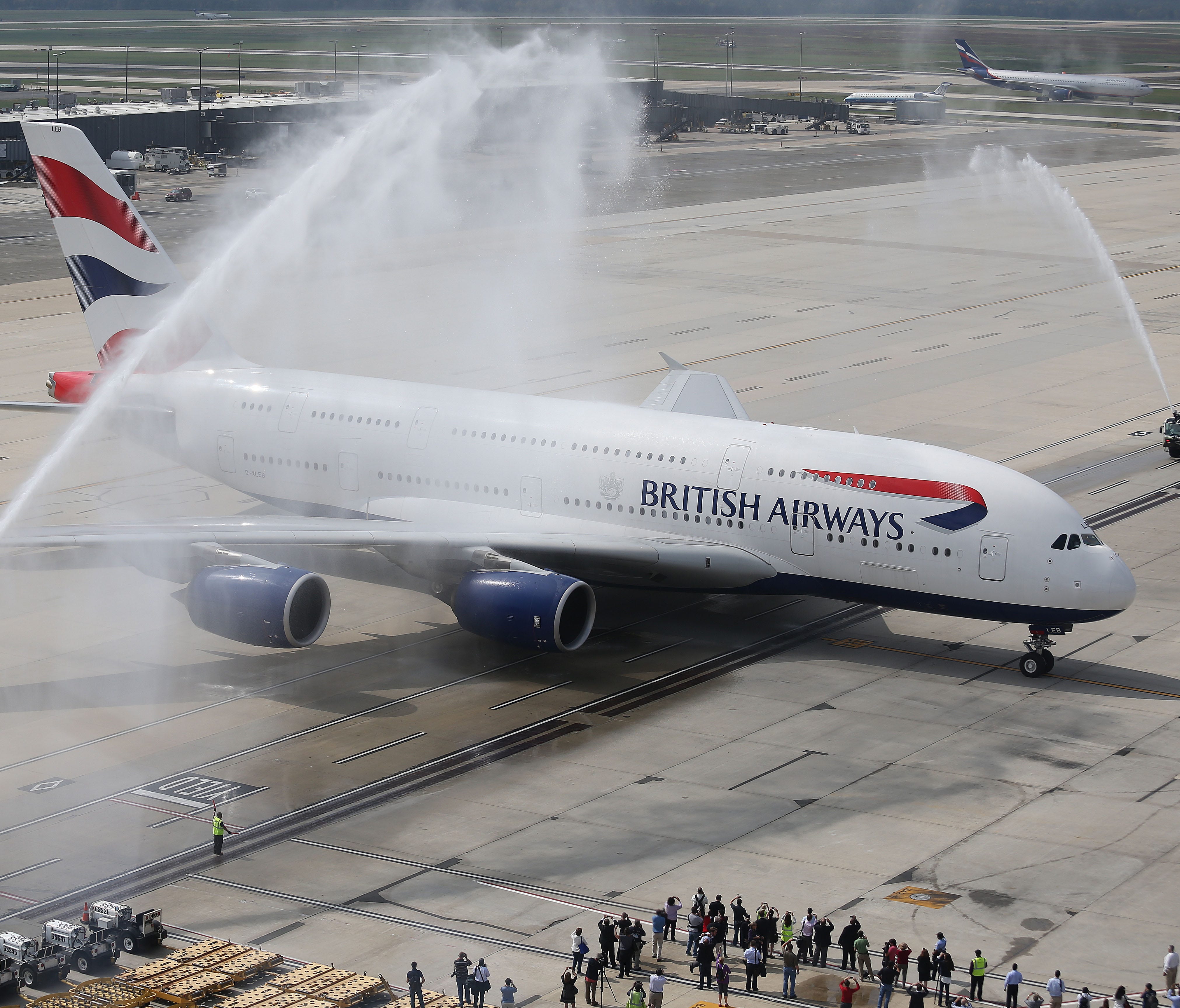 British Airways' first A380 flight to Washington arrives Dulles International Airport on Oct. 2, 2014.