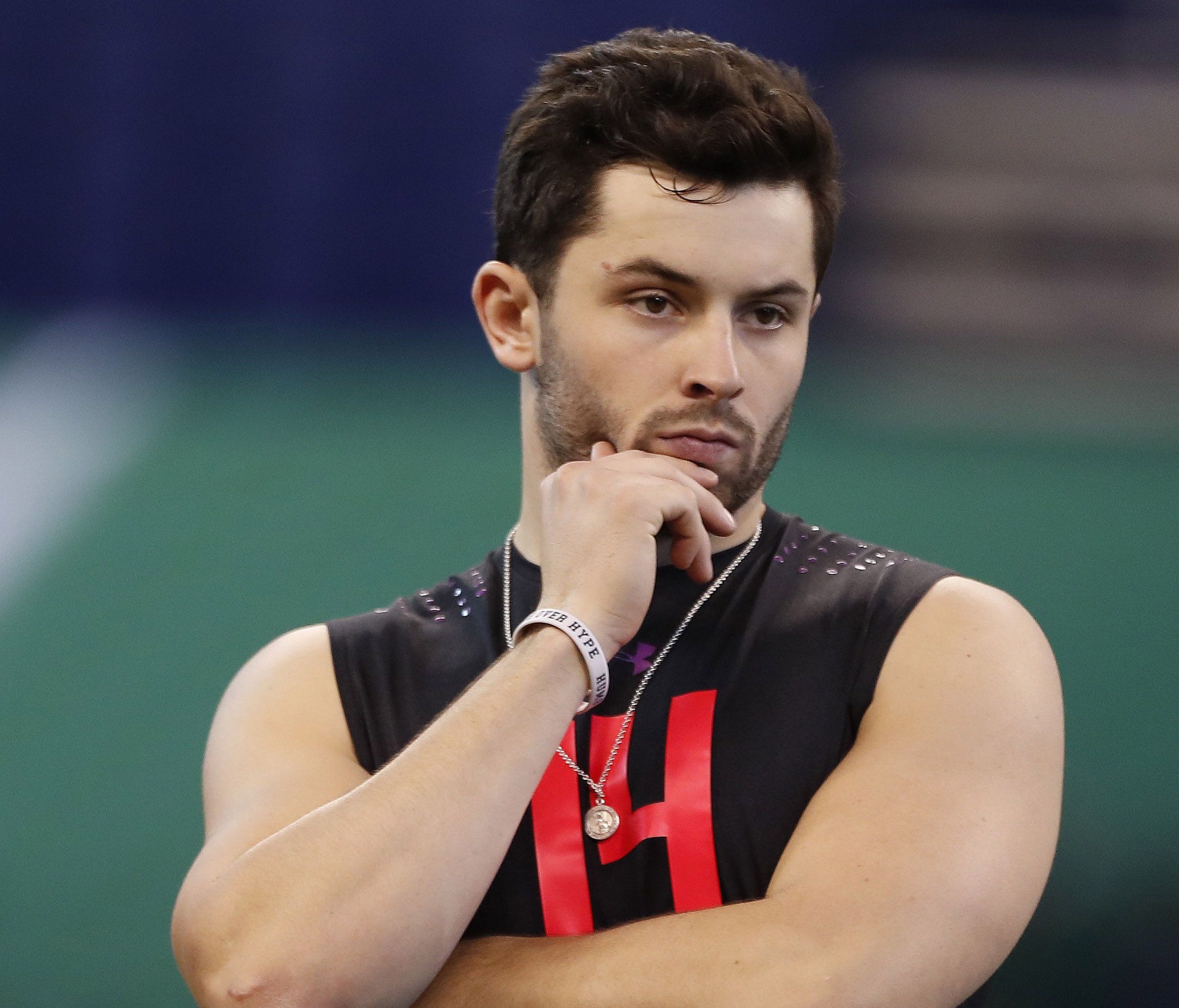 Oklahoma Sooners quarterback Baker Mayfield waits to go through passing drills during the 2018 NFL Combine at Lucas Oil Stadium.
