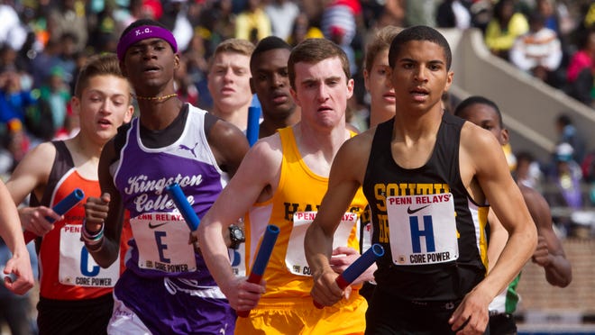 South Brunswick's Jared Fisher does the first leg of his team's Boys 4X800 Championship of America performancePenn Relays in Philadelphia Pa. on April 24, 2015. Peter Ackerman/Staff Photographers