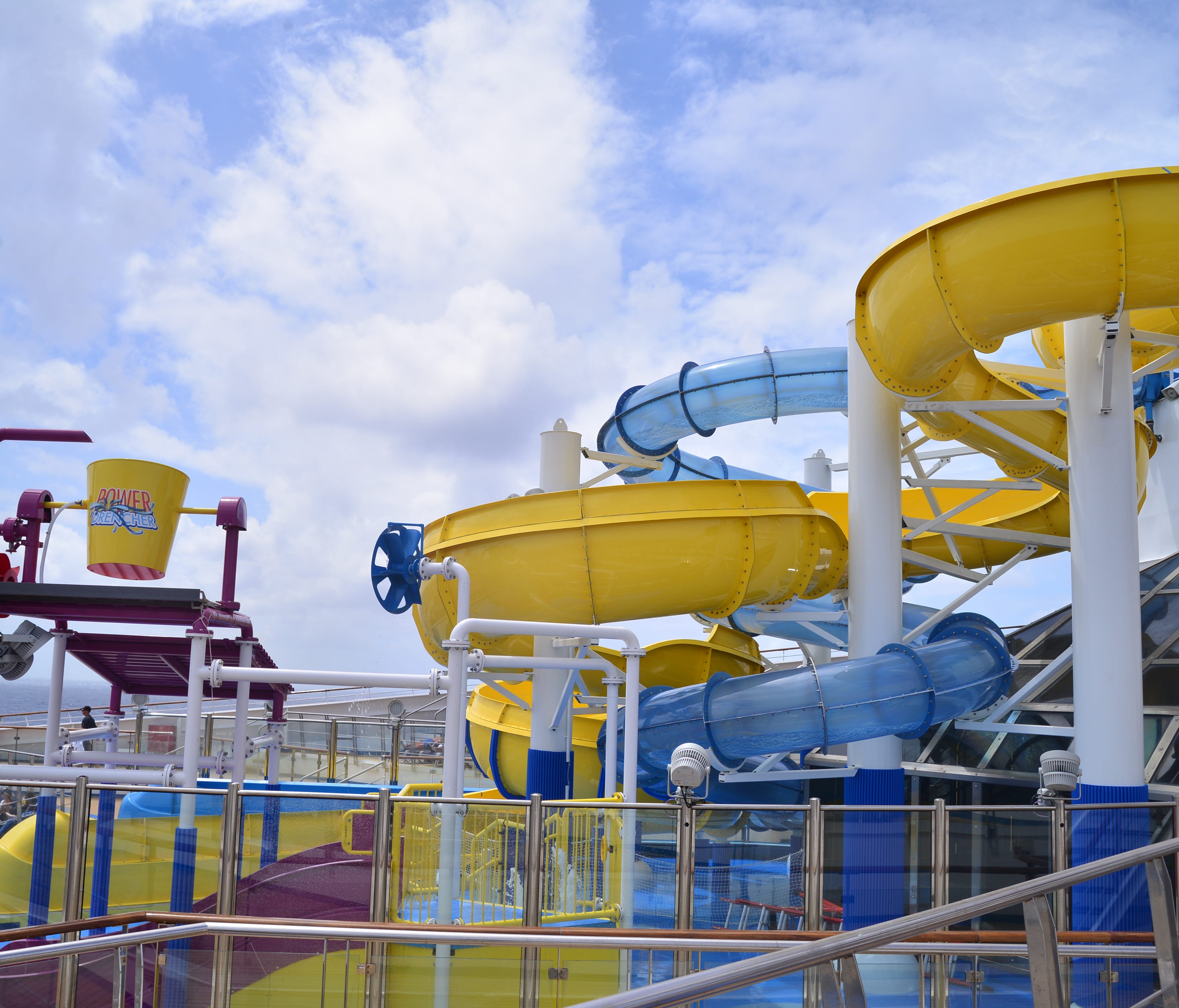 A new water park on Carnival Cruise Line's 2,974-passenger Carnival Glory features two giant water slides.