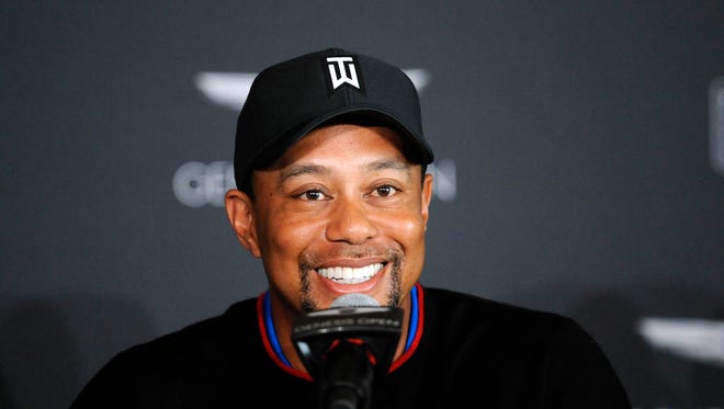 Tiger Woods speaks during media day for the Genesis Open at The Riviera Country Club on Jan. 23.