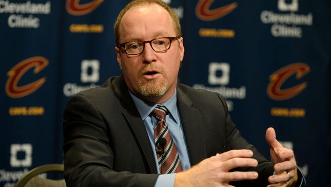 Cleveland Cavaliers general manager David Griffin talks with the media before the game between the Cleveland Cavaliers and the Chicago Bulls at Quicken Loans Arena.
