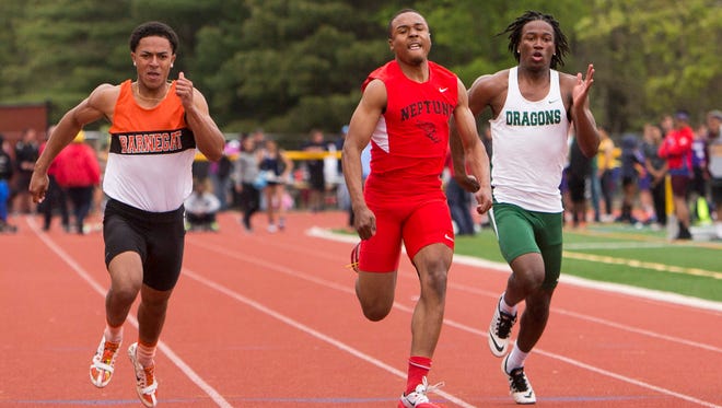 Neptune Marvin Morgan wins the boys 100 at 2016 Shore Conference Championship in Berkeley Township, NJ on May 21, 2016