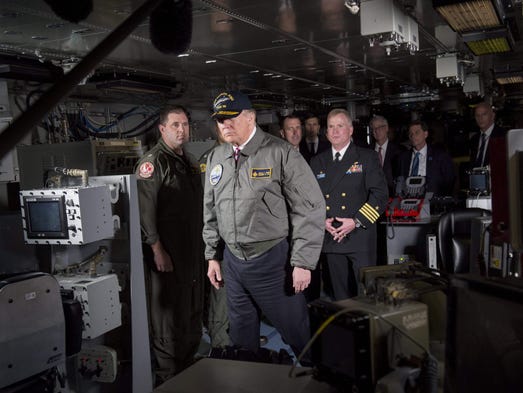 Trump tours the Combat Direction Center on the pre-commissioned