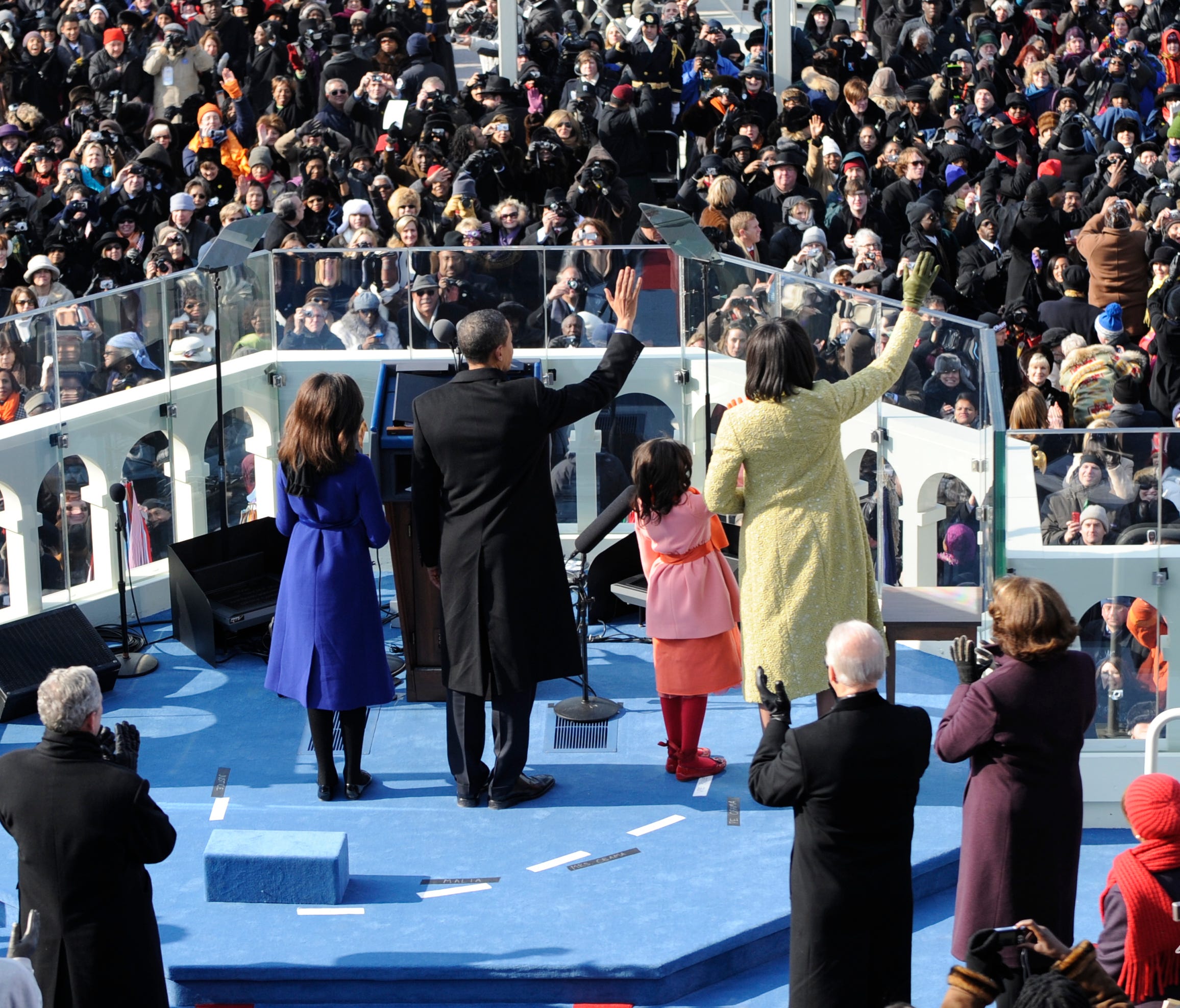 The Obama family waves to the crowd during his Jan. 20, 2009, inauguration.
