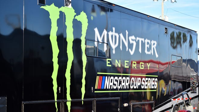 A detailed view of the new Monster Energy NASCAR Cup Series logo on a trailer in the garage area during practice for the Advance Auto Parts Clash At Daytona at Daytona International Speedway.