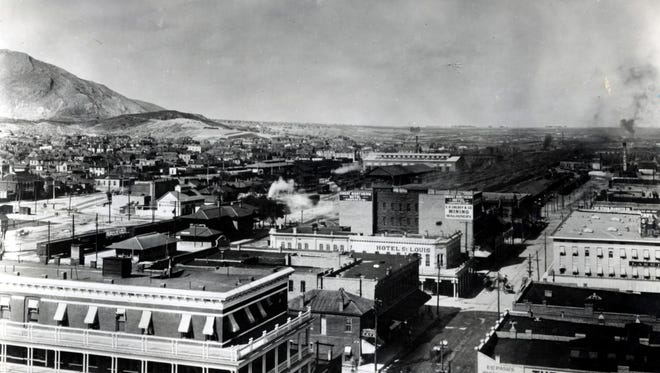 El Paso, TX, circa 1910. Looking northeast from the Federal Building, southeast corner of Oregon and St. Louis (now Mills) streets. (St. Louis changed to Mills in 1910.) With the St. Louis Hotel in center of photo.