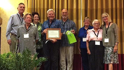 Pelican Island Audubon was awarded the 2017 Best Conservation Project Award at the Audubon Assembly in St. Augustine on Oct. 21. Pictured are, from left, Audubon Florida Executive Director Eric Draper, PIAS board member David Cox, Juanita Baker, PIAS President Richard Baker, Michael Walther, PIAS board members Donna Halleran and Tina Marchese, and Audubon Florida Chapter Coordinator Jacqui Sulek.