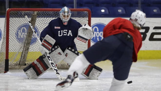 Team USA hockey goalie Alex Rigsby practices in Plymouth Township in December. The team did not take the ice for a training camp this week.