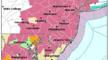 Map of severe thunderstorm watch until 10 pm tonight. Areas in pink are under the watch.