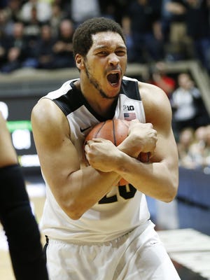 After rebounding teammate Rapheal Davis' missed free throw, A.J. Hammons lets out a scream as time runs out at the end of overtime in Purdue's 82-81 victory over  Michigan State Feb. 9, 2016, at Mackey Arena.