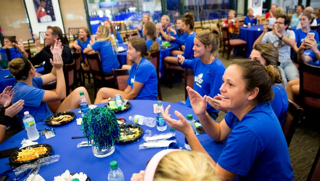 FGCU's Lauren Greene, far right, reacts with the rest of her teammates as the women's soccer team is selected to play University of Florida in the first round of the NCAA tournament during a watch party held at Alico Arena Monday, Nov. 7, 2016 in Estero. The 1-seed Gators will host the Eagles, a 16-seed, Friday in Gainesville, Fla. 
