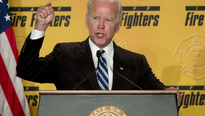 FILE - In this March 12, 2019, file photo, former Vice President Joe Biden speaks to the International Association of Firefighters at the Hyatt Regency on Capitol Hill in Washington. Biden says he does not recall kissing a Nevada political candidate on the back of her head in 2014. The allegation was made in a New York Magazine article written by Lucy Flores, a former Nevada state representative and the 2014 Democratic nominee for Nevada lieutenant governor. Flores says Bidenâs behavior âmade me feel uneasy, gross, and confused.â(AP Photo/Andrew Harnik, File)