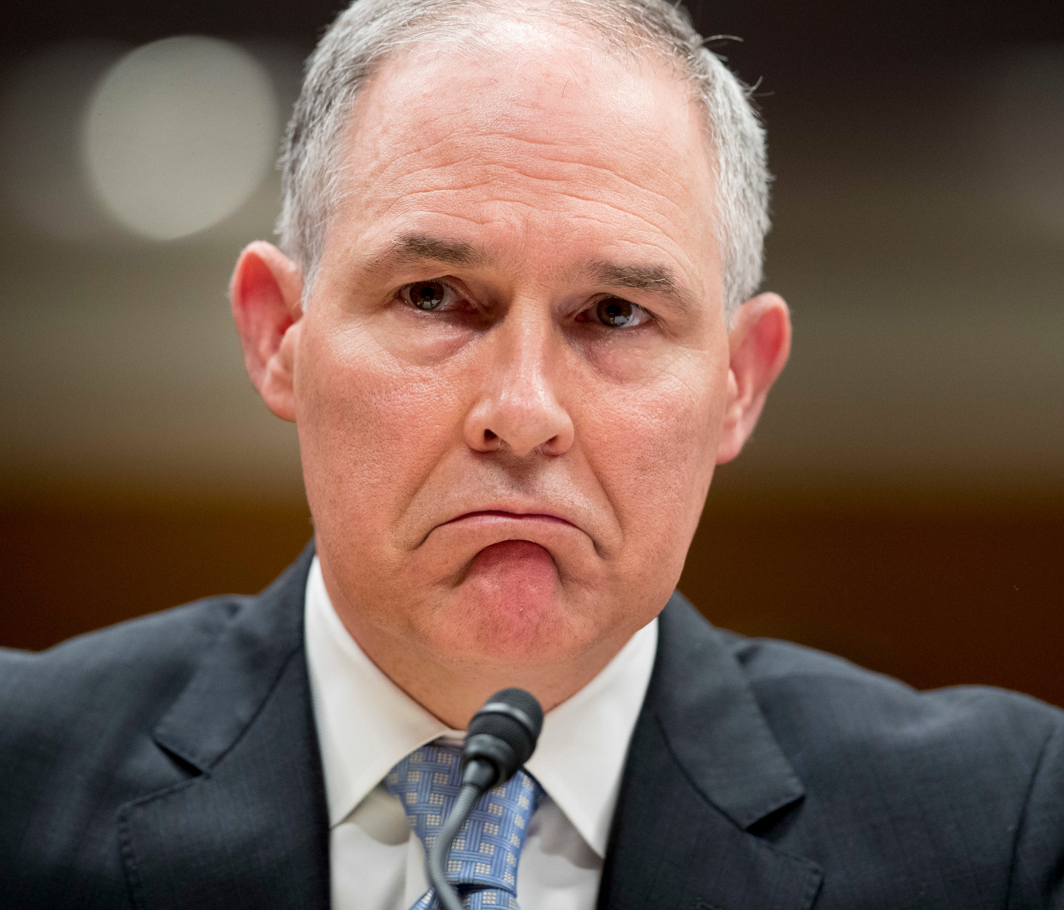 Environmental Protection Agency Administrator Scott Pruitt reacts while testifying before a Senate Appropriations subcommittee on the Interior, Environment, and Related Agencies on budget on Capitol Hill in Washington, May 16, 2018.