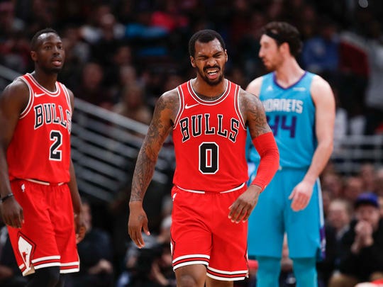 Chicago Bulls guard Sean Kilpatrick (0) reacts after scoring against the Charlotte Hornets during the second half at United Center.