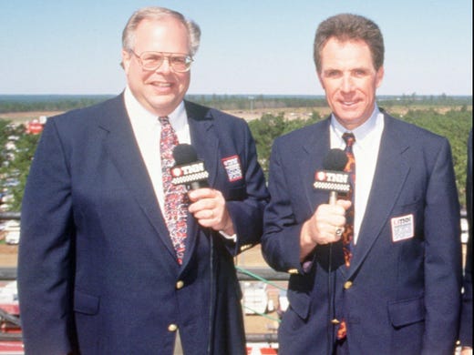Darrell Waltrip, right, with Eli Gold, while calling