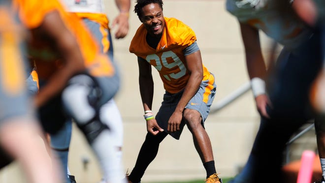 Tennessee's Evan Berry (29) laughs during Tennessee Volunteers spring practice at Anderson Training Facility in Knoxville, Tennessee on Thursday, April 13, 2017.