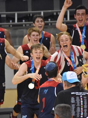 Ben Lubarsky, a junior basketball player at The Benjamin School, is pictured - top left, with victorious players at The Maccabiah Games in Israel.