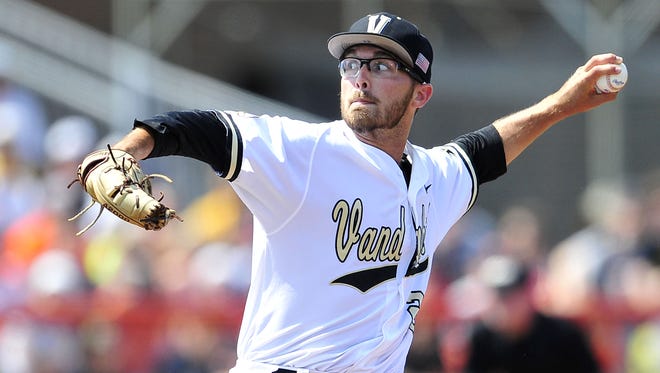 Vanderbilt pitcher Philip Pfeifer throws a pitch against Illinois during the first inning in the Game 2 of the NCAA Super Regional on June 8 at Illinois Field in Champaign, Ill.