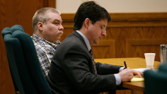 Steven Avery listens to testimony while his attorney Dean Strang takes notes in the courtroom at the Calumet County Courthouse in 2007.  Avery was convicted of  killing Teresa Halbach, but is now seeking a new trial.