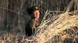 A North Korean soldier gathers straw in a field in