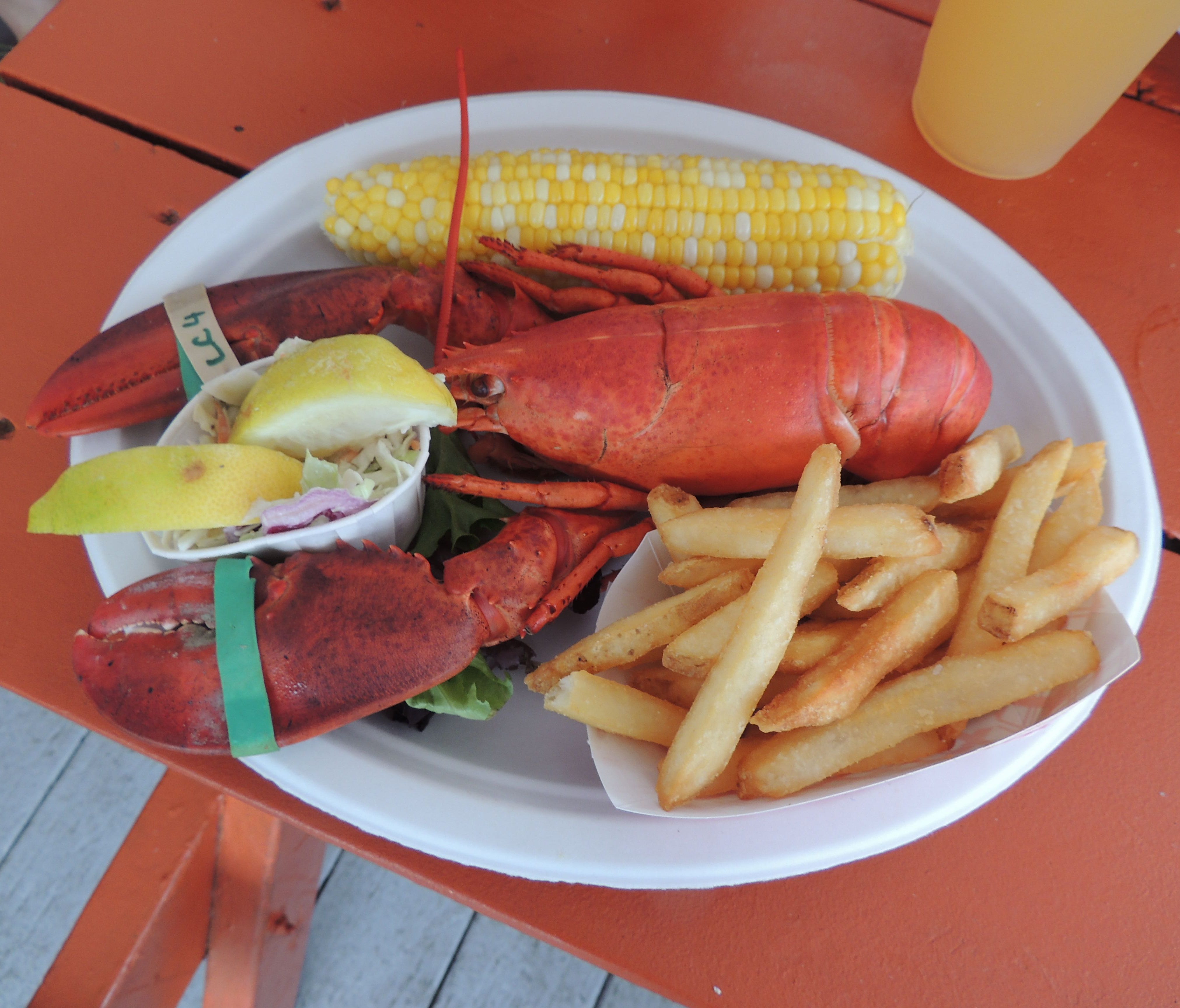 The same classic lobster dinner plate is served with a more common hard-shelled lobster and fries in other months.