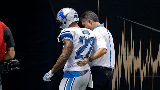 Detroit Lions free safety Glover Quin (27) walks off the field after a hit in the first half of an NFL football game against the New Orleans Saints in New Orleans, Monday, Dec. 21, 2015.