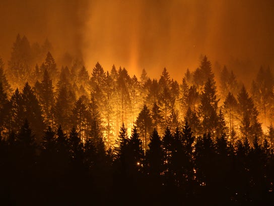 The Eagle Creek wildfire burns on the Oregon side of