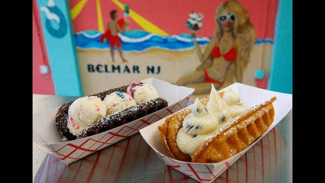 Coney Waffle, a new ice cream shop in Belmar, sells brownie waffles - this one is filled with jelly doughnut ice cream - and traditional waffles filled with cannoil cream, as shown here, or ice cream.