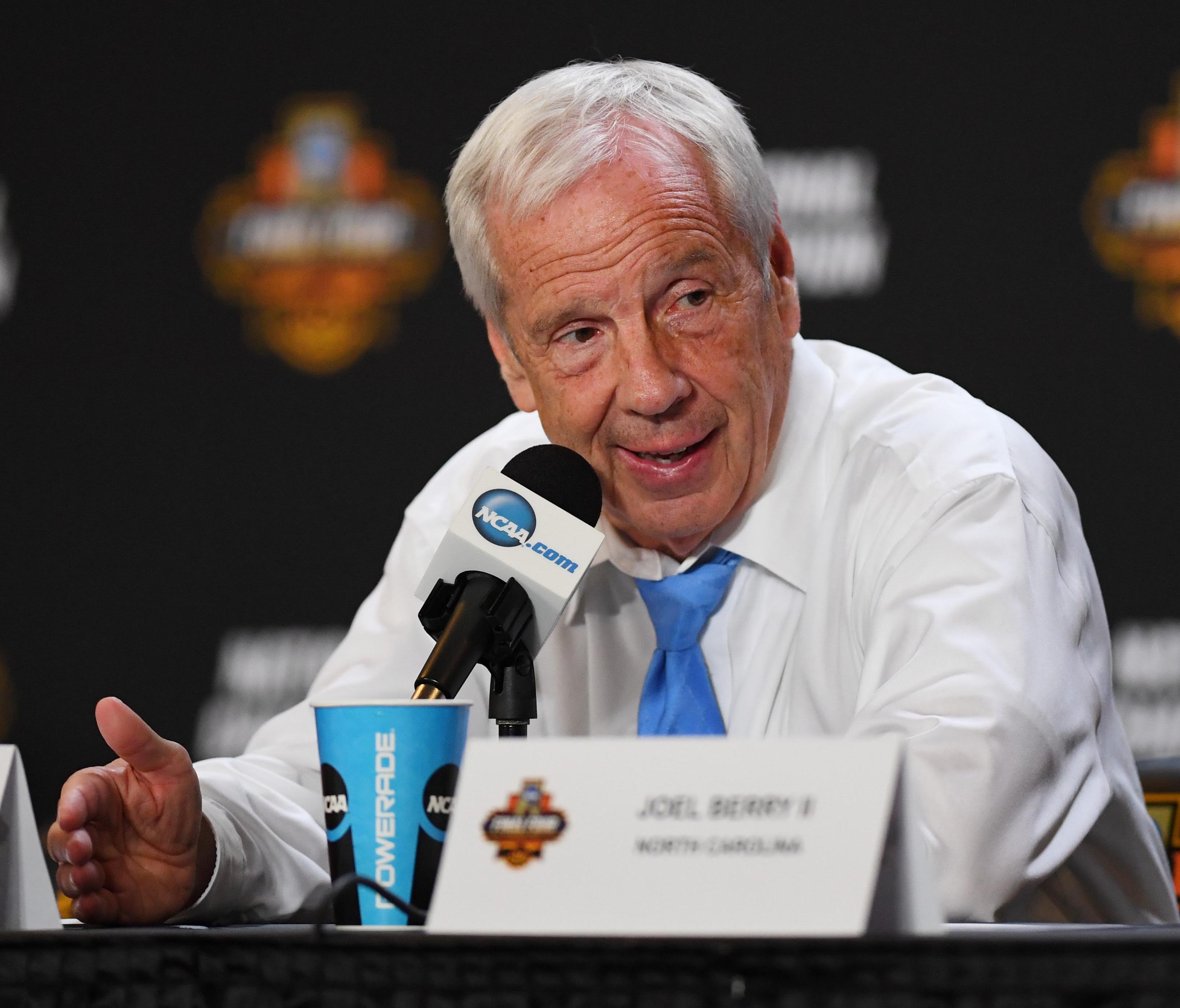 North Carolina Tar Heels head coach Roy Williams speaks at a press conference after defeating the Gonzaga Bulldogs in the championship game of the 2017 NCAA Men's Final Four at University of Phoenix Stadium.